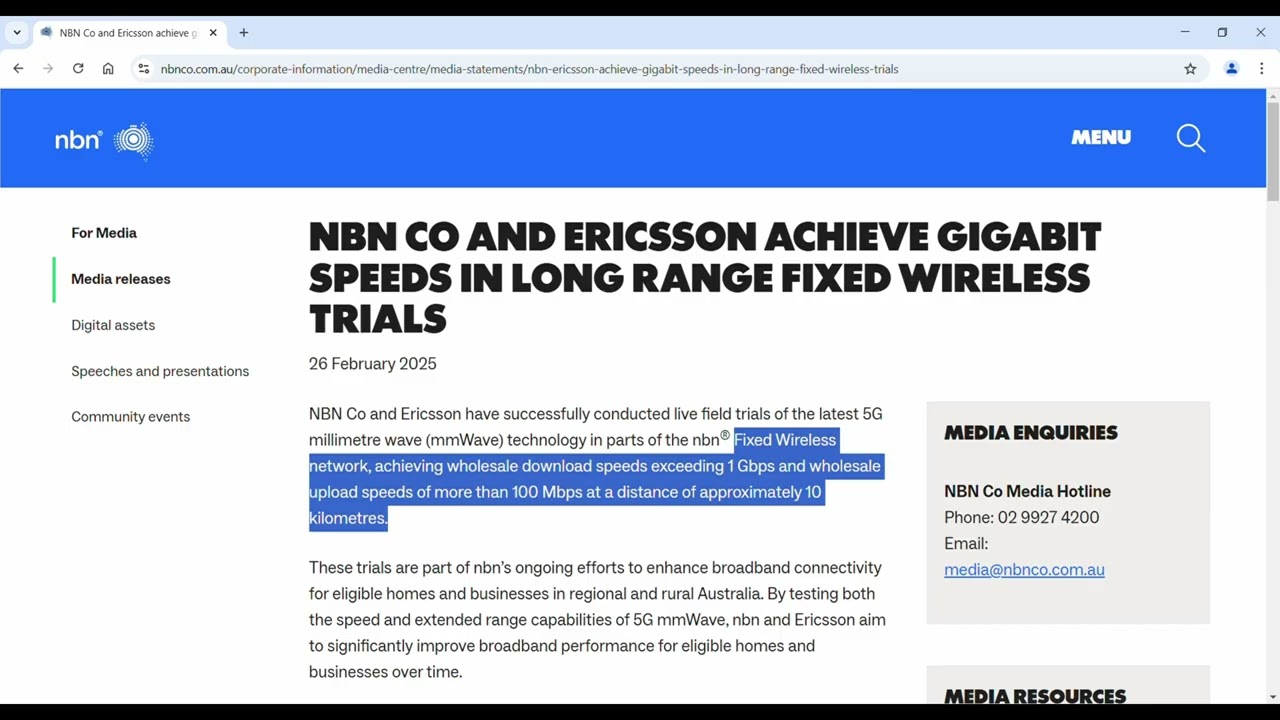 NBN - Fixed Wireless 5G mmWave achieving over 1 Gbps down and over 100 Mbps up testing to 10km