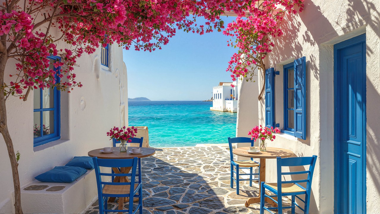 Seaside Coffee Shop Ambience with Cheerful Bossa Nova Jazz Music & Ocean Wave Sounds for Good Moods