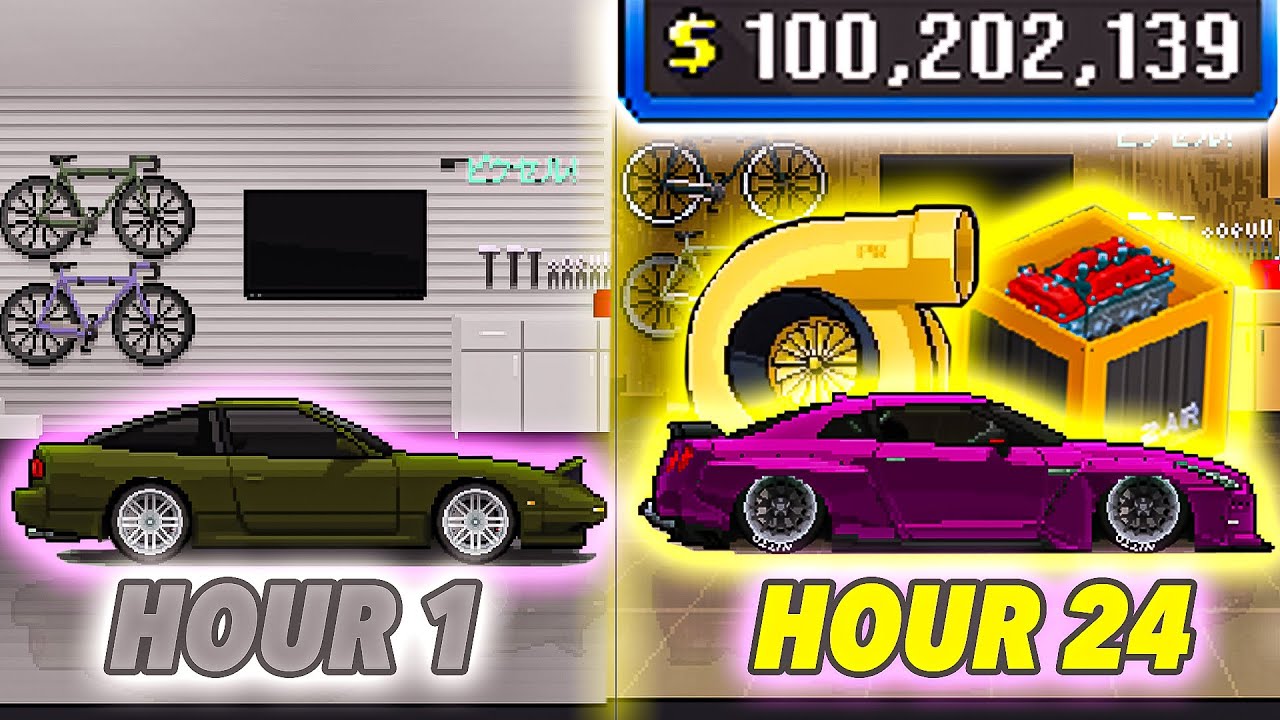 КАК ПРОЙТИ ОТ 0 ДО 100 000 000 ДОЛЛАРОВ МЕНЕЕ ЧЕМ ЗА 24 ЧАСА В PIXEL CAR RACER!!!! (БЫСТРЫЕ ДЕНЬГИ)