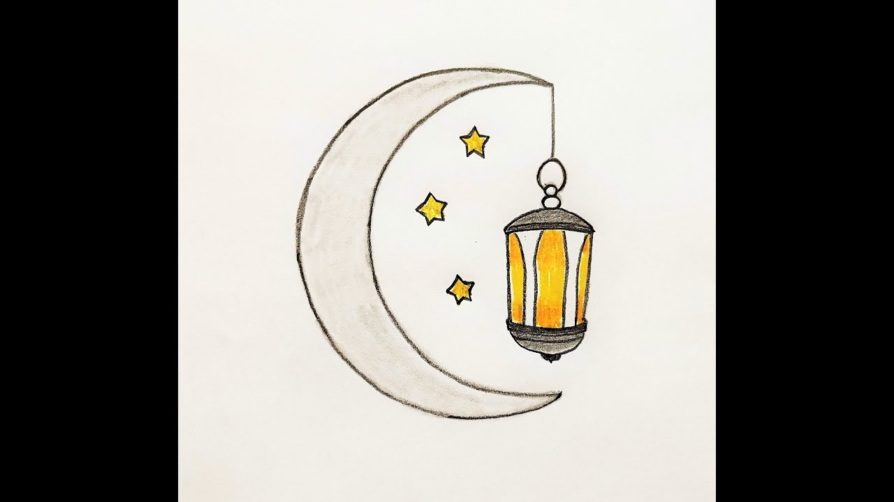 Step by step drawing of a picture depicting the moonth of Ramadan   /   Moon and lantern drawing