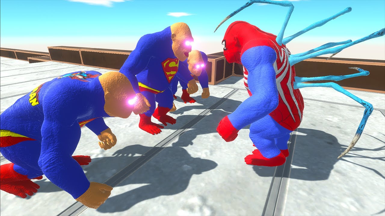 SPIDERMAN GORO VS 3X SUPERMAN GORO VS BATMAN BRACHIO DEATH FALL - Animal Revolt Battle Simulator