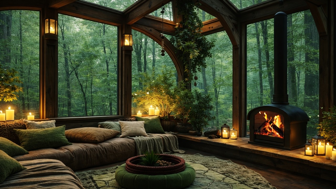Hidden Spring Forest Ambience 🌿 Fireplace Glow & Gentle Rain for Deep Calm