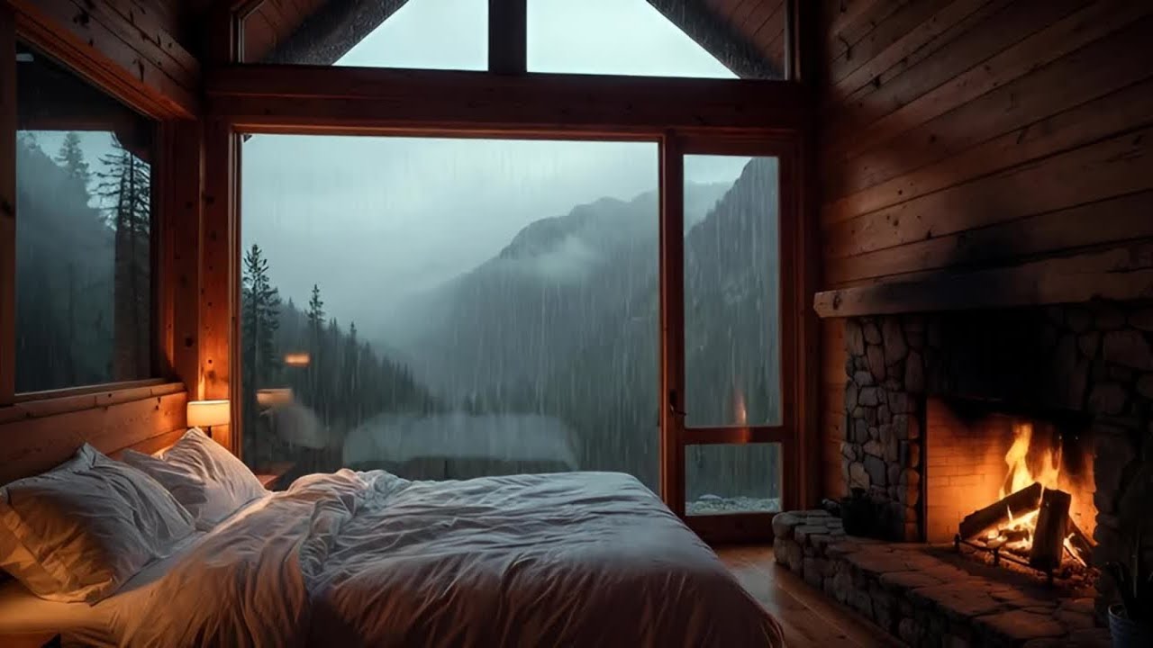 Cozy Cabin Rain & Crackling Fireplace (Misty Mountain Ambience) 🌧️ 