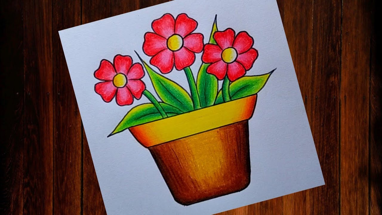 Easy and Simple Flower pot drawing| How to draw Flower pot step by step| Flower Vase drawing
