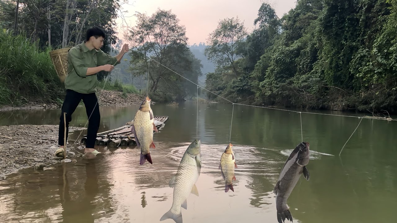 Using bamboo boats to set fish traps in the river to catch giant fish - rebuilding a new pigsty.