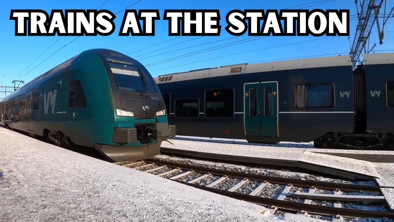 Trains at the station in Sarpsborg, Norway. Vy Train.