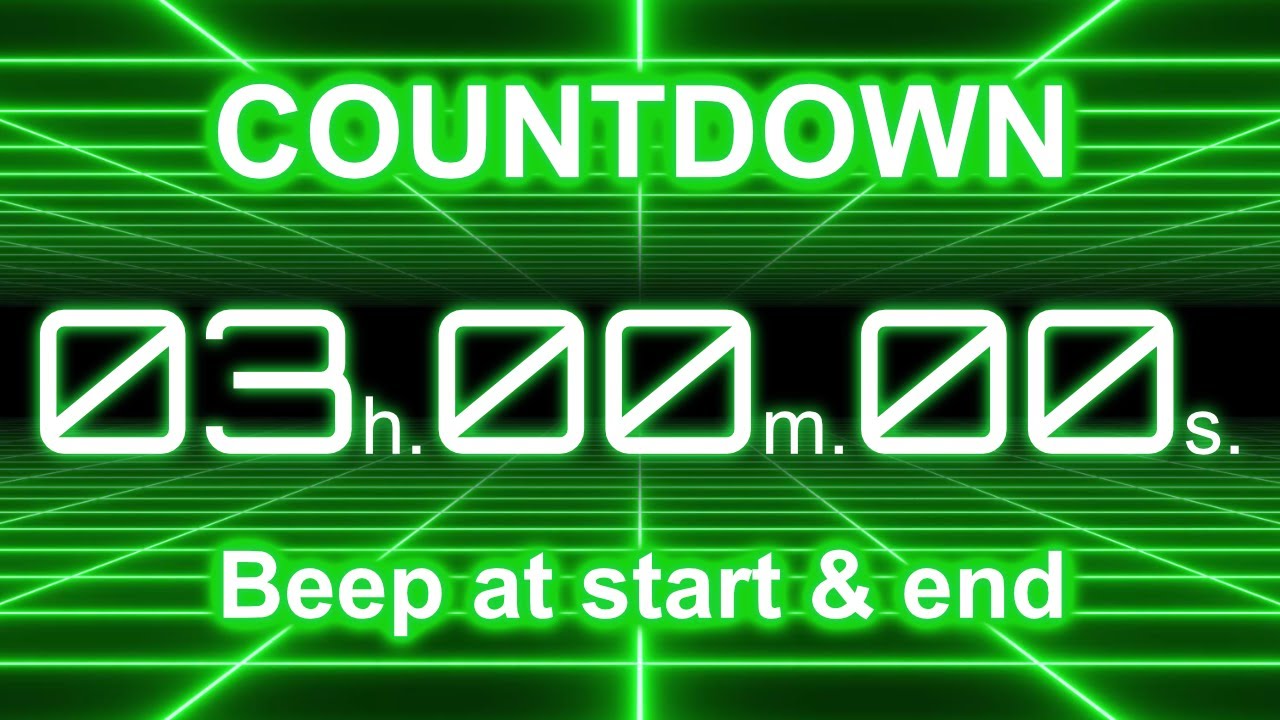 3 Hour Countdown Timer | Start/End Beeps | Neon Green Grid | 4K