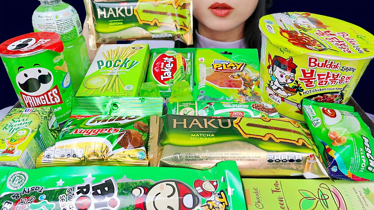 ASMR GREEN FOOD PARTY 🟢 HAKU MATCHA, POCKY GREENTEA, PRINGLES, AICE MOCHI, MILO NUGGETS, TAO KAE NOI