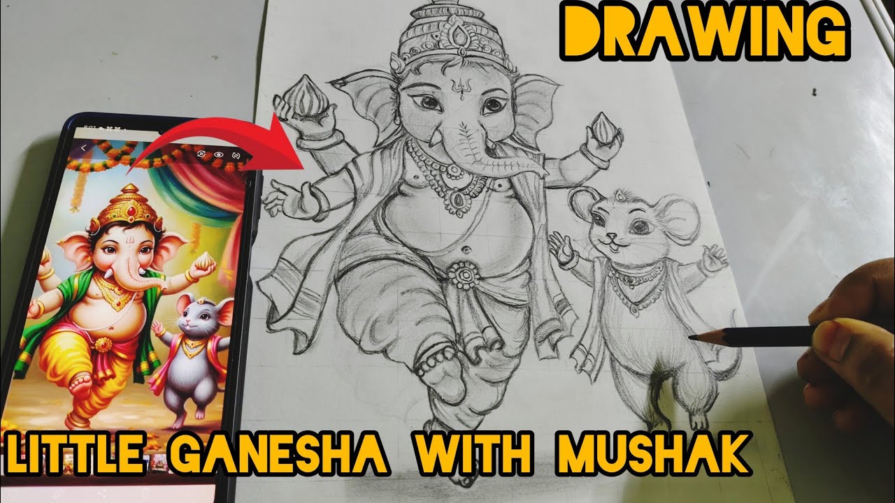 How to draw little ganesha with mushak||outline tutorial||step by step 🌺