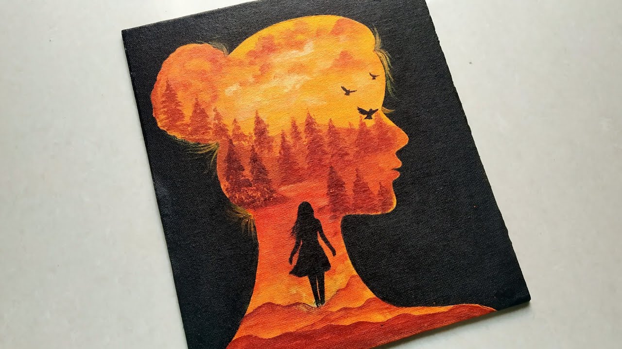 Lonely Girl - Double Exposure Sunset Painting/ Easy Sunset Acrylic painting tutorial for Beginners/