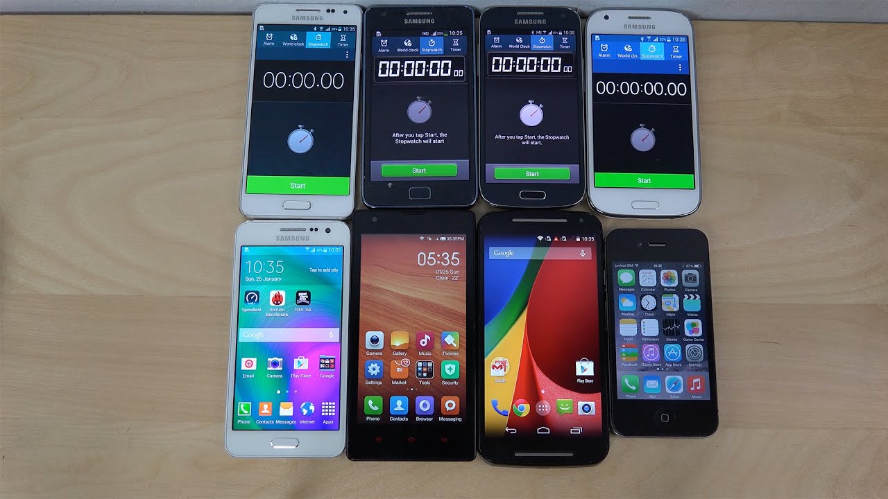 Samsung Galaxy A3 против Xiaomi Redmi 1S против Moto G 2014 против iPhone 4S — что быстрее? (4K)
