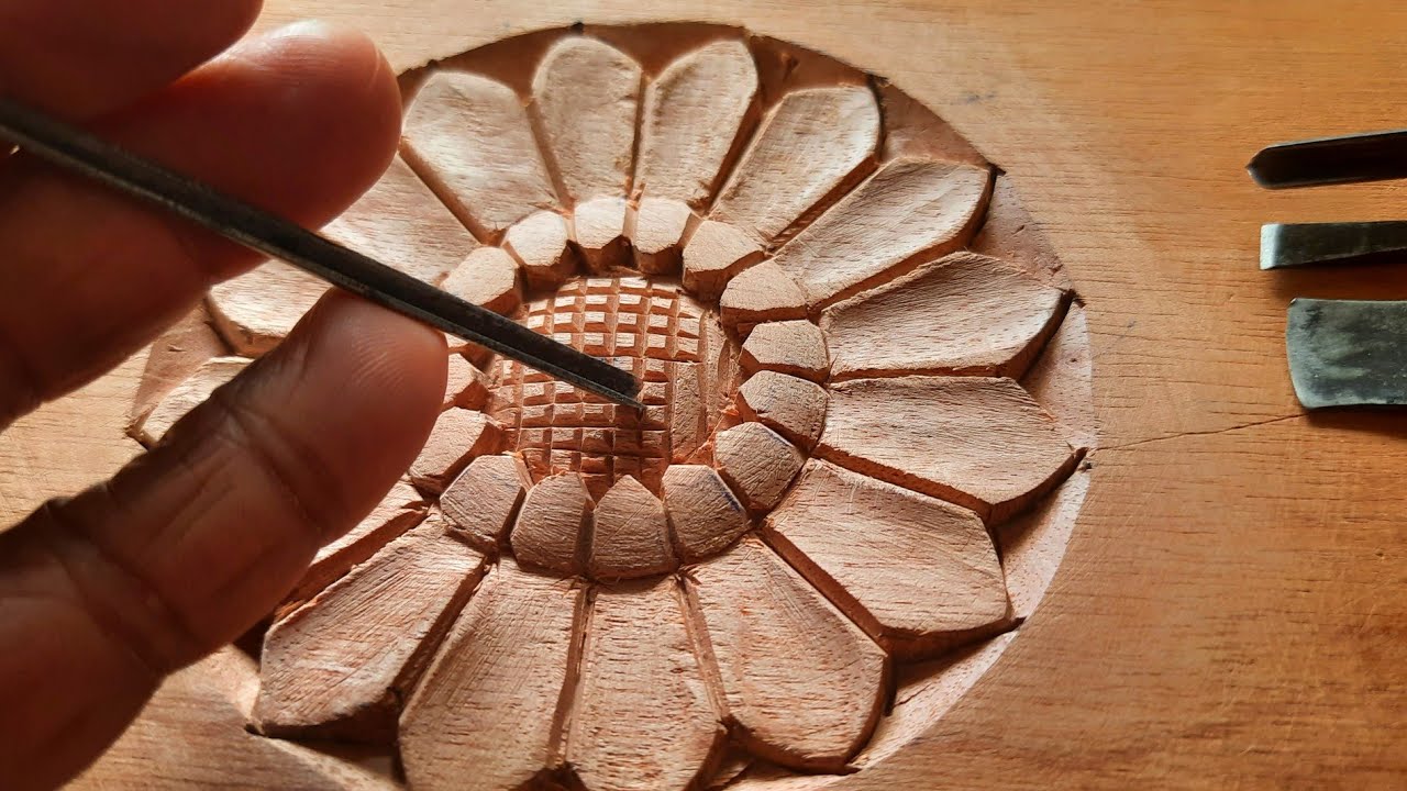 |wood carving sun flower tutorial||wood working|hand carving|wood design|UP wood art|
