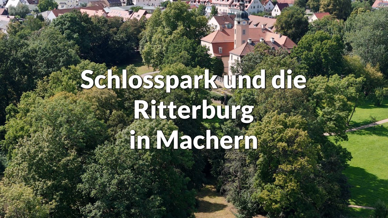 Die Ritterburg im Schlosspark  Machern bei Leipzig. Drohenaufnahme  50 fps