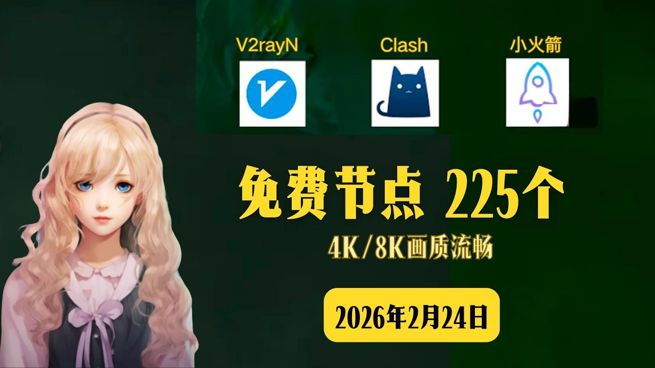 2026年2月24日，最新节点分享，免费节点，稳定4k，节点分享， V2ray节点，clash节点，节点订阅，机场节点，V2ray订阅，clash订阅，小火箭节点，免费机场