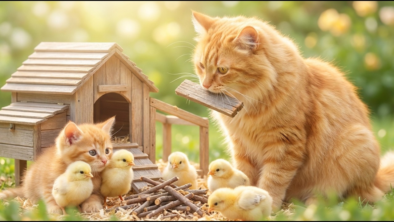 Ginger Kitten & Mama Cat Rescue Baby Chicks and Build Them a New Home! 🐱🐥🏡