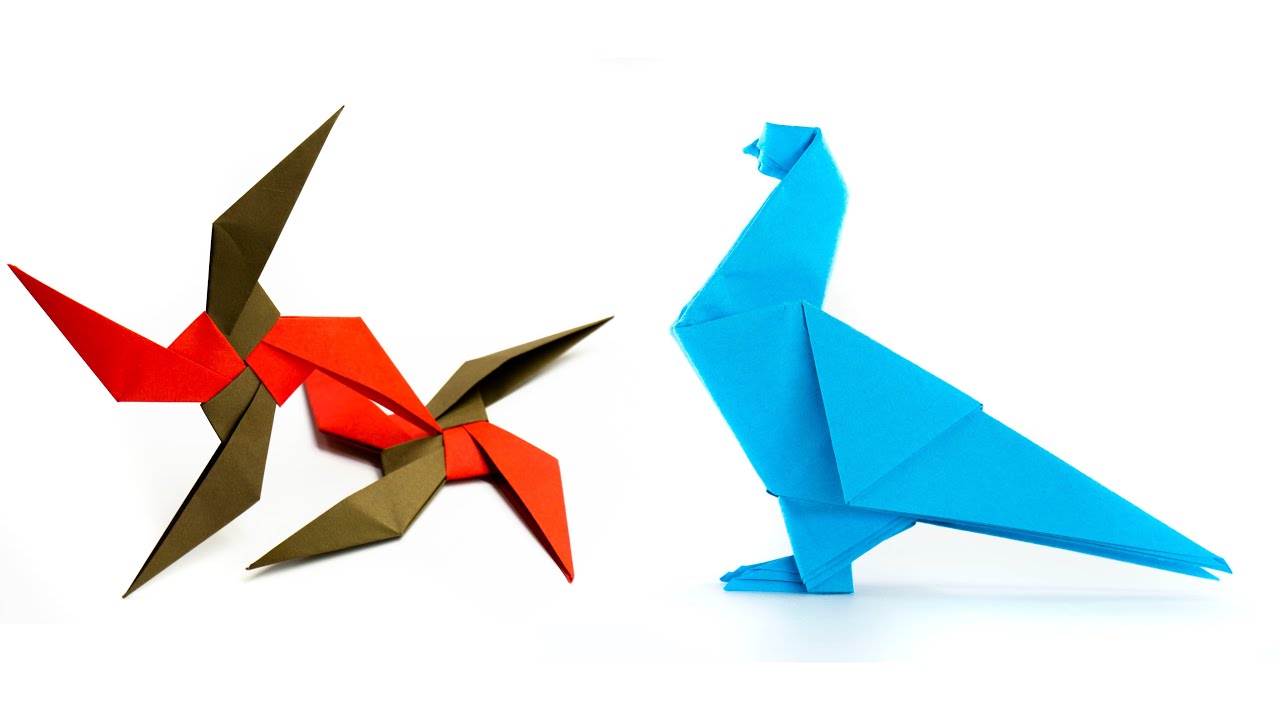 Shuriken de papel vs. pájaro de papel. Idea de origami.