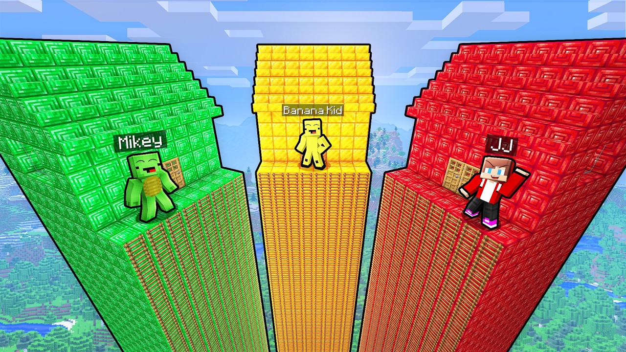 JJ vs Mikey vs Banana Kid: TALLEST SKYSCRAPER BATTLE in Minecraft - Maizen