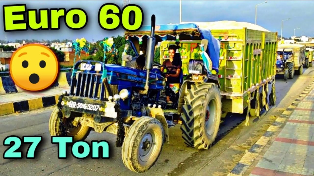Powertrac euro 60 on 27 ton trolley load | Euro 60 on heavy load | Euro 60 on load on flyover |#Euro