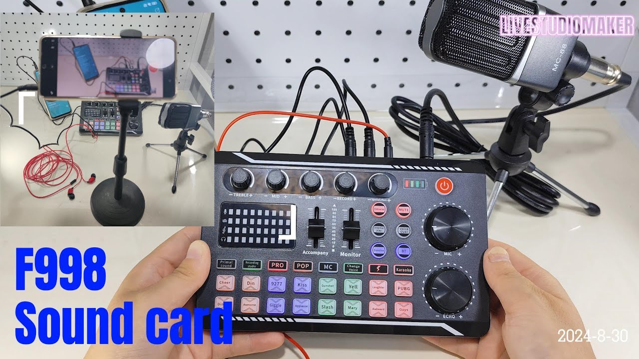 How to use F998 sound card , you will get full set, micrphone, sound card and earphone