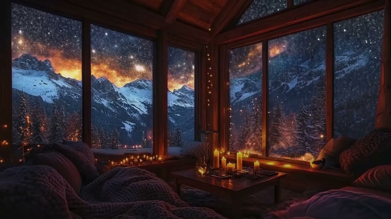 Golden Winter Galaxy & Starry Night View ✨ Cozy Cabin, Fairy Lights & Soft Piano