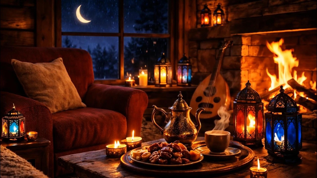 Relaxing Music🌙 Rainy Ramadan Night Ambience with Crackling Fireplace | Deep Relaxation خلفيات رمضان