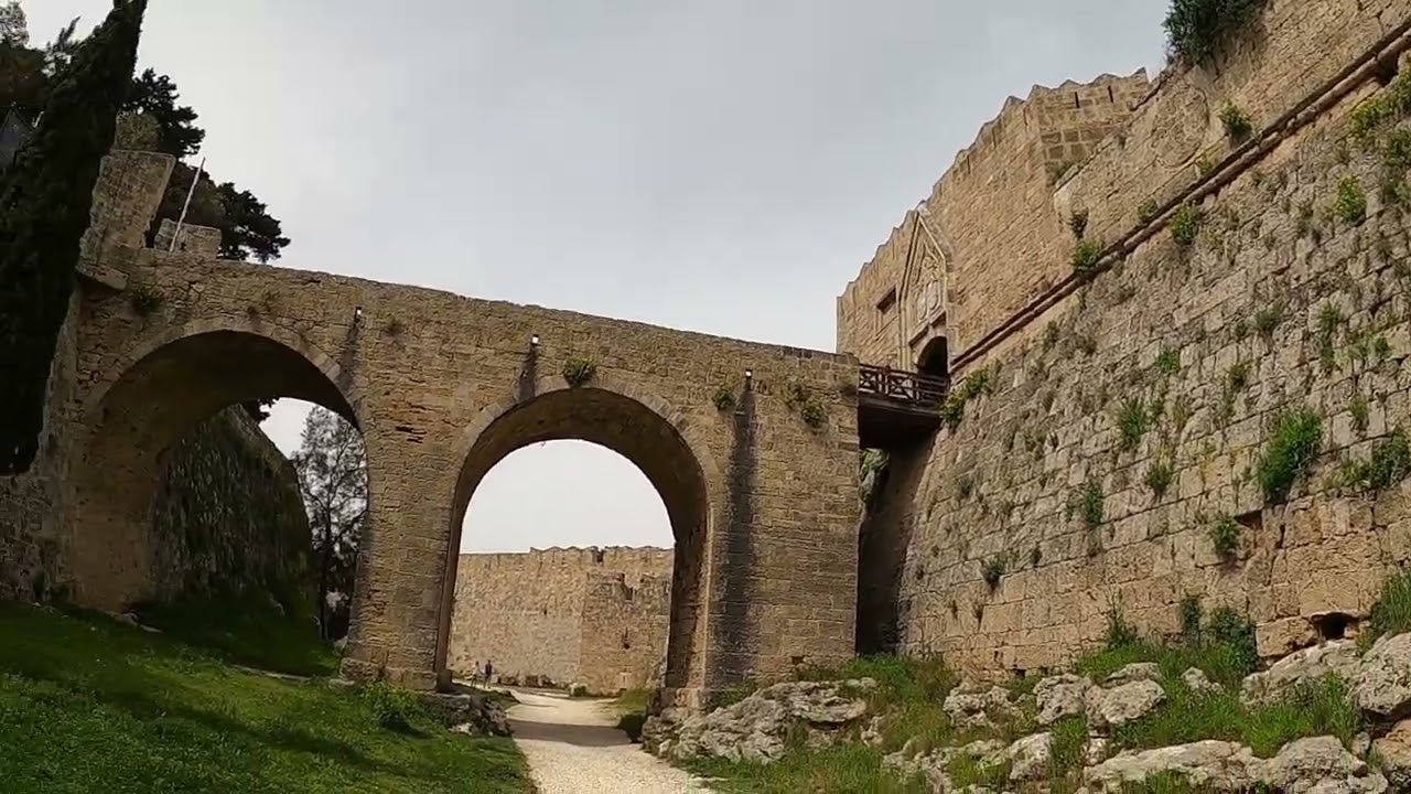 Rhodes Medieval Moat Walking Liberty Gate Park Kolona Port Ancient Stadium Early Spring April