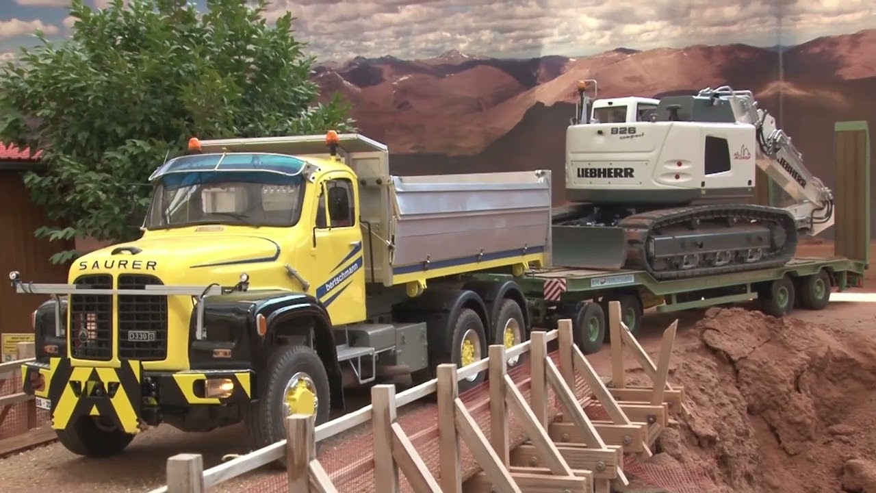 Hauling the excavator to construction site RC live action at the Construction World Part 180