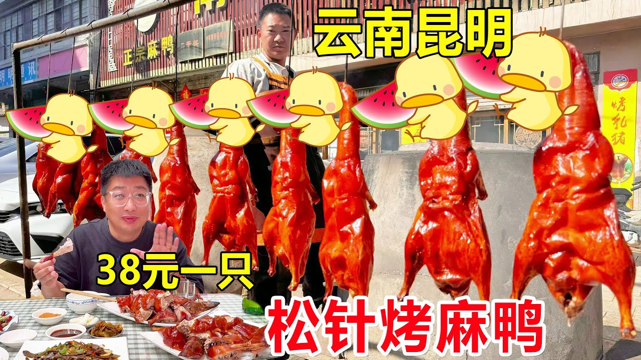云南昆明松针土炉烤鸭，选用麻鸭白鸭一只卖38元，对比北京这物价太香了！ #麦总去哪吃