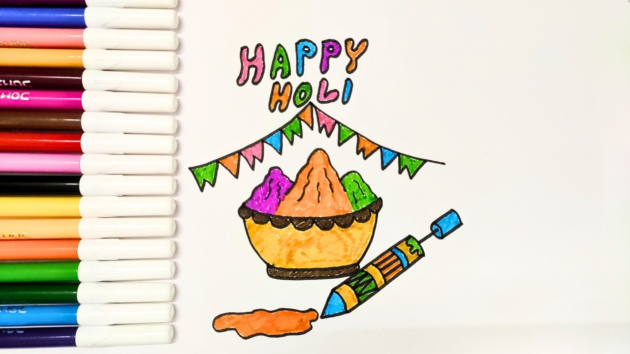 Holi Drawings For Kids 🌈 | Easy HOLI Drawing For Kids 🎨| Holi Festival