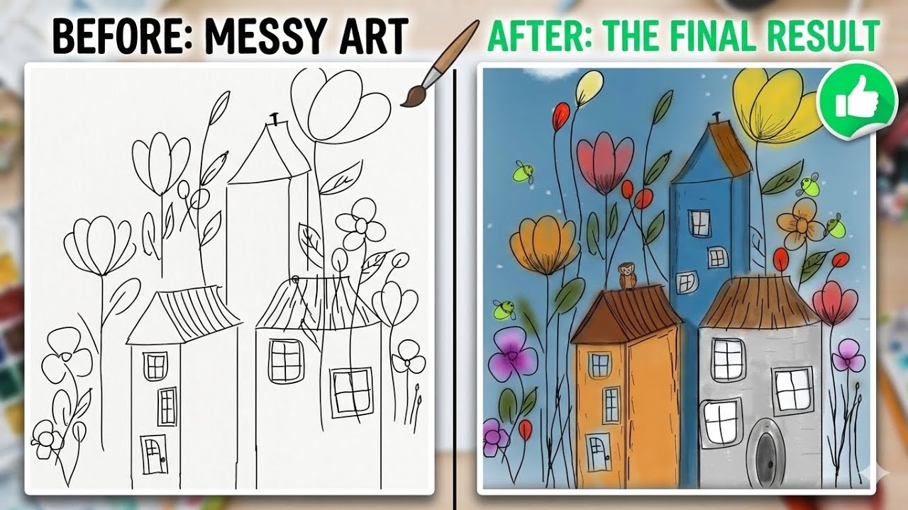 Messy art into beautiful artl HOUSE WITH GAINT FLOWER l DOODLE ART l SKETCHBOOK ART l ART TIMELAPSE 