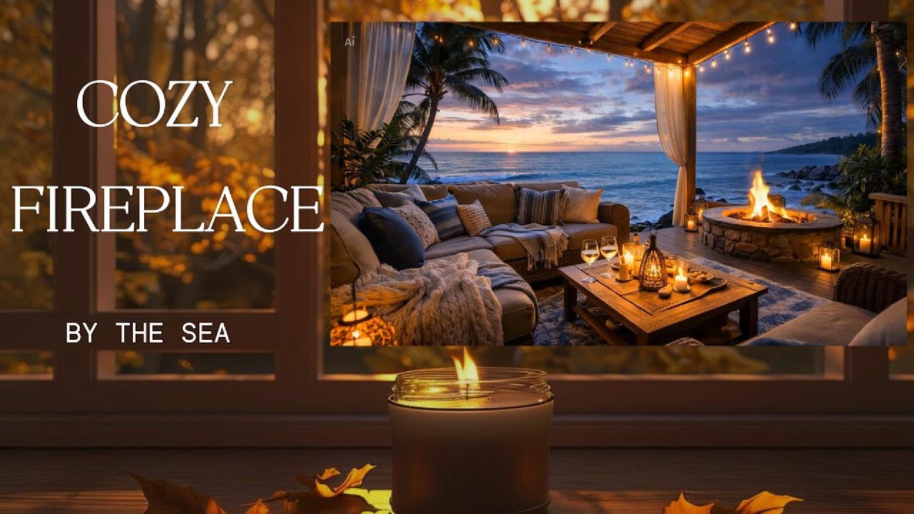 Cozy Fireplace by the Sea 🌊🔥 Calm Piano, Crackling Fire & Ocean Ambience for Sleep
