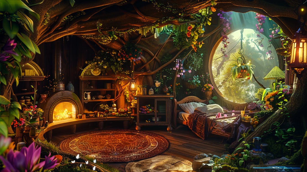 Cozy Relaxing Nook in Fireflies Hosue | Enchanting Fantasy Music & Crackling Fireplace Sound