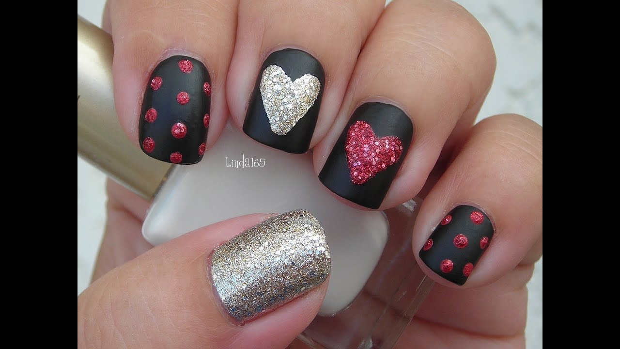 Valentine's Day Nail Art - Sparkly Hearts on Black Matte