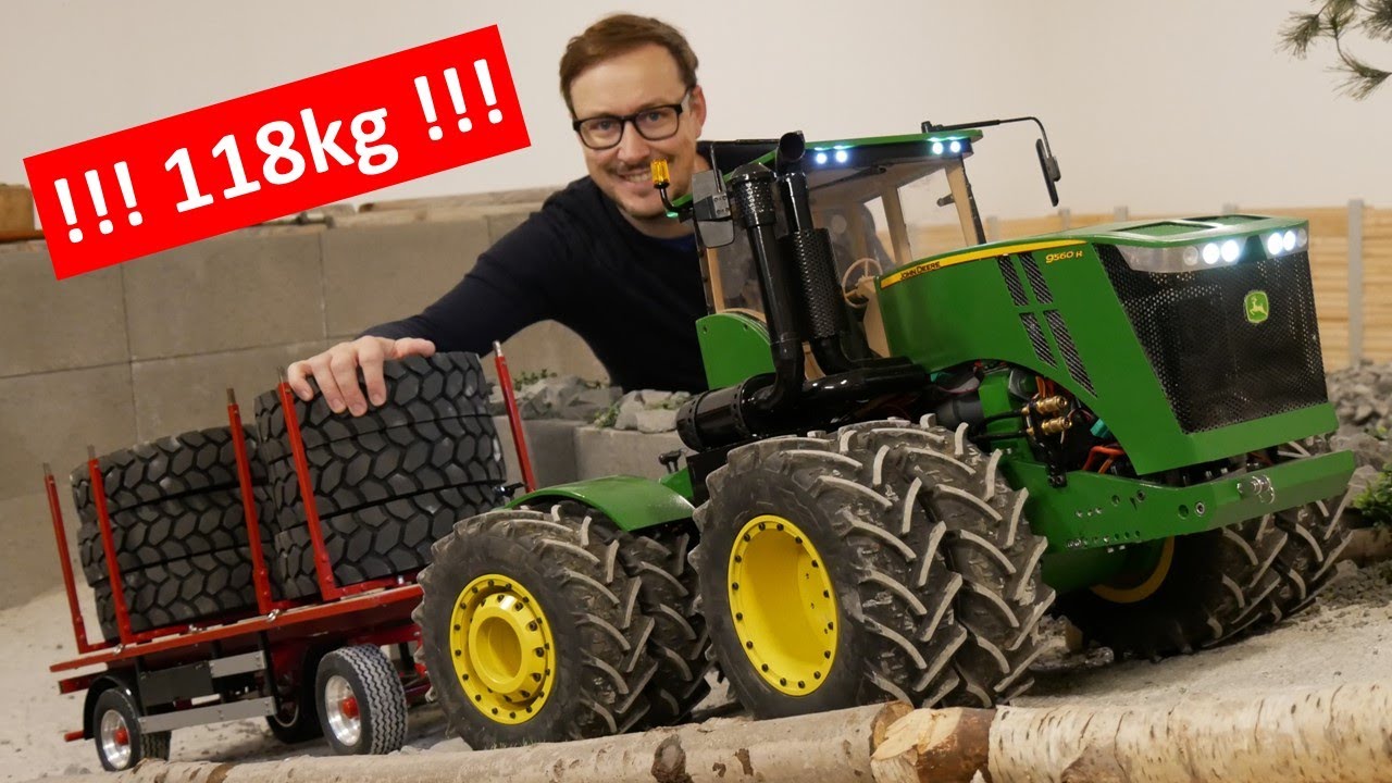 😮 HUGE RC JOHN DEERE 9R TRACTOR 1/8th 💪 WITH TURNTABLE TRAILER - SELFMADE RC CONSTRUCTION EQUIPMENT