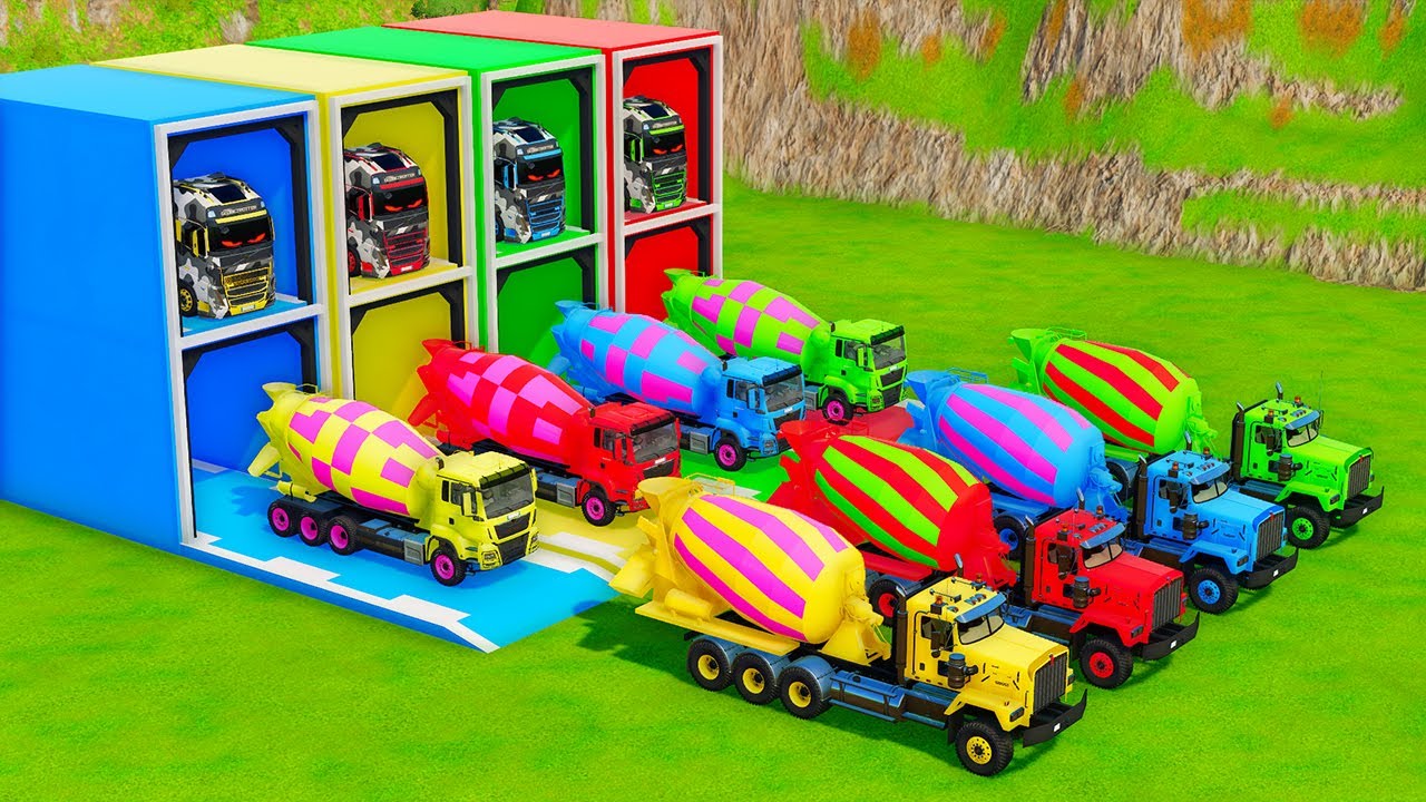 Garage with Colors - ALL MIXER TRUCK WITH DOUBLE FLATBED TRAILER TRUCK, MACK, DAF, MAN - FS22
