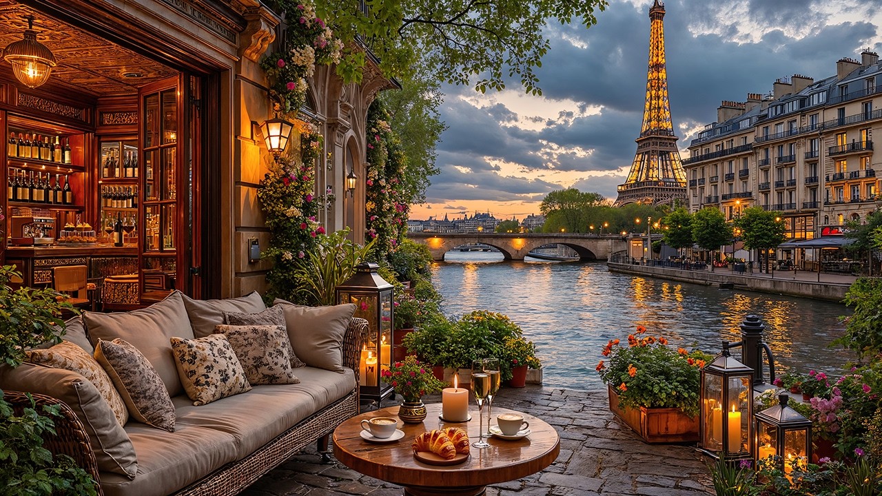 Paris February Sunset Jazz ☕ Eiffel Tower Riverside Café & Smooth Jazz Instrumental for Focus & Work