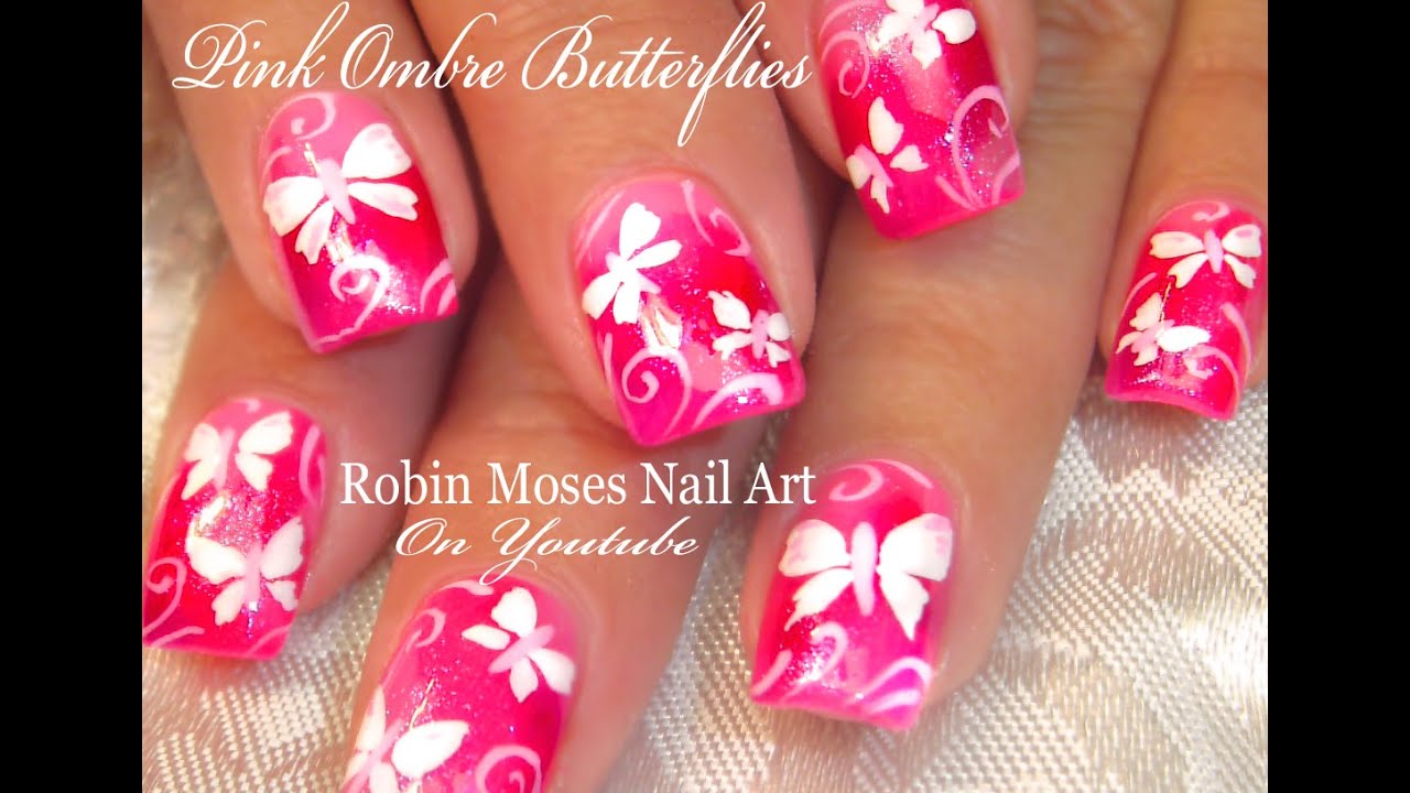 Cute Neon Pink Butterfly Nails | White Butterfles Nail Art Design Tutorial