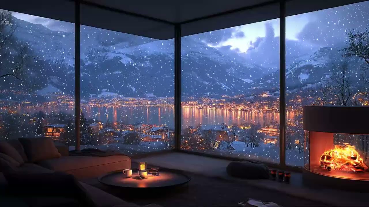Snowy Winter Night ASMR | Cozy Fireplace, Falling Snow & Peaceful City Lights Outside