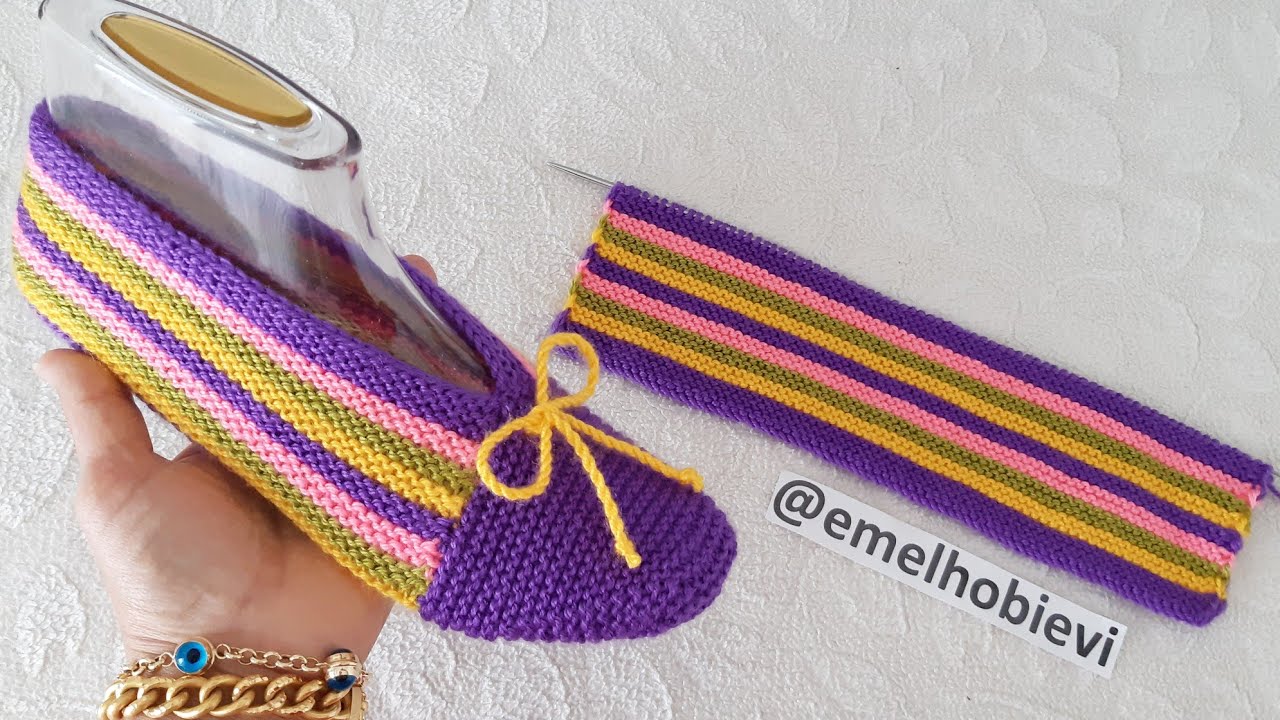 İki Şiş İle Kolay Dikişsiz GÖKKUŞAĞI PATİK Yapımı / Very Easy Rainbow Knitting Slippers