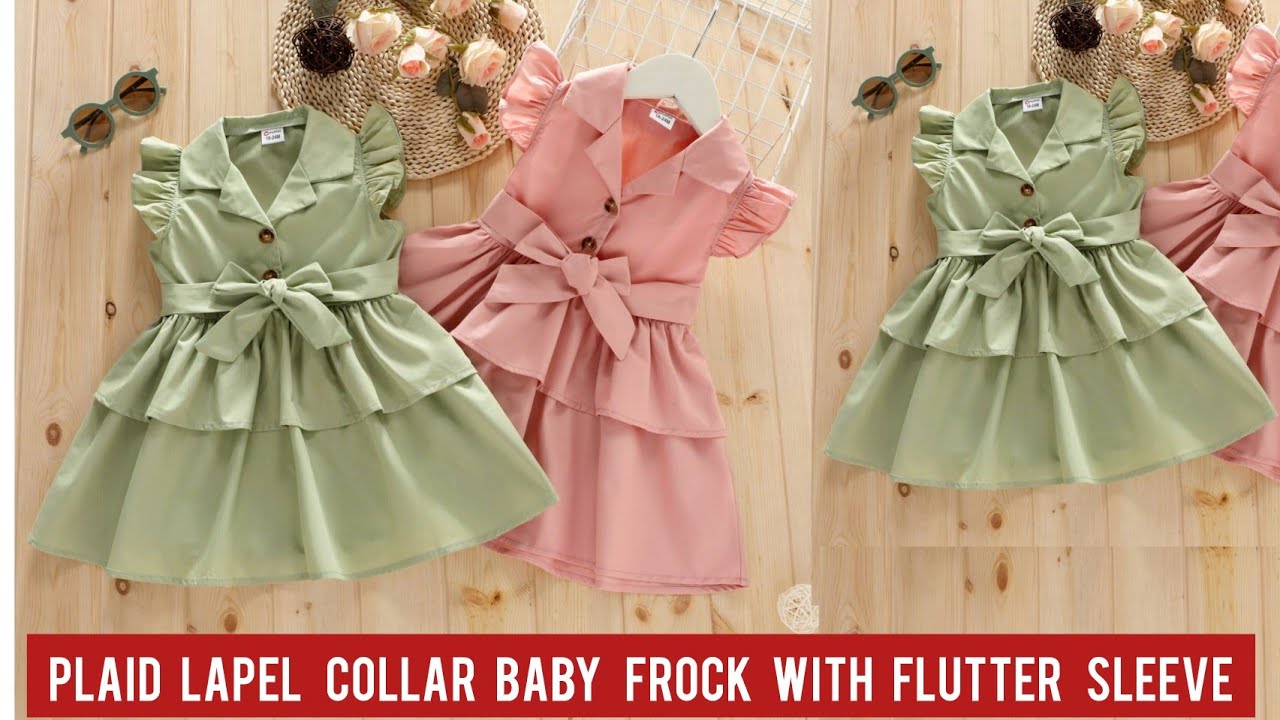 Plaid Lapel Collar Baby Frock With Flutter Sleeve Cutting and Stitching/Baby Frock Design