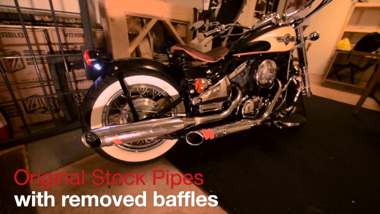 Kawasaki Vulcan 800 stock pipes sound before and after removing baffles.