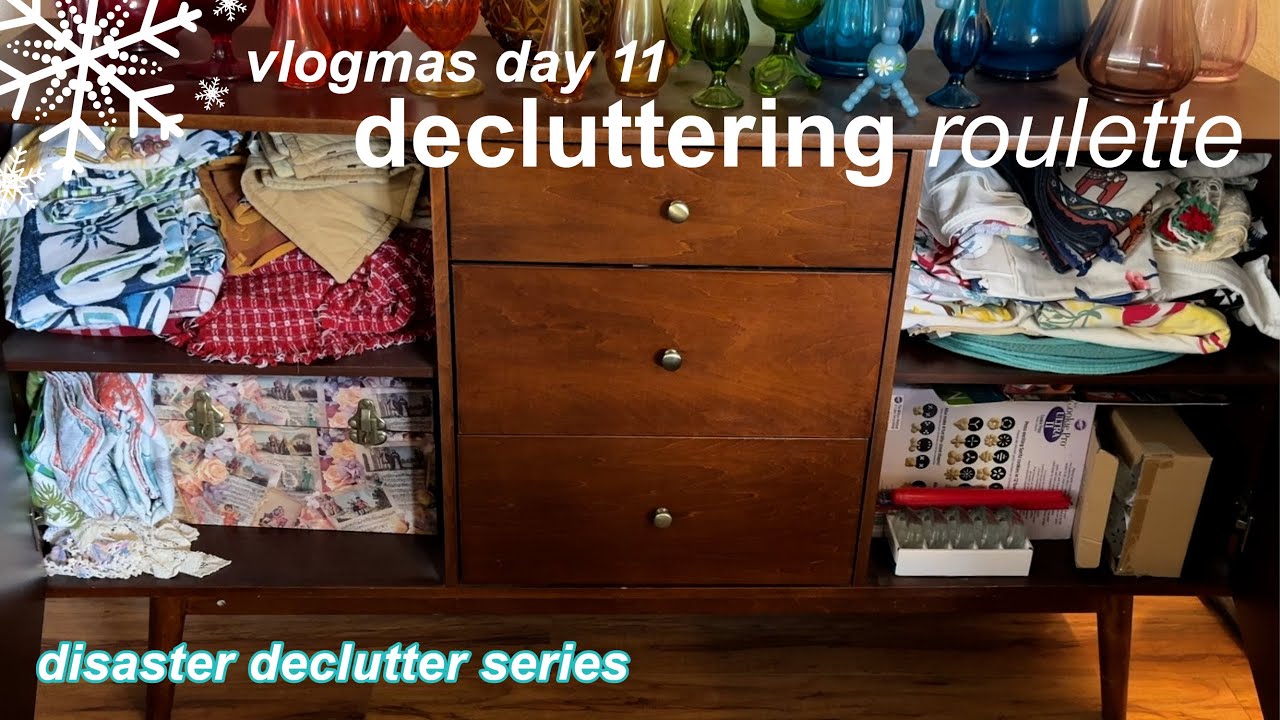 Decluttering Roulette - Credenza of vintage linens & kid toys | Vlogmas Day 11