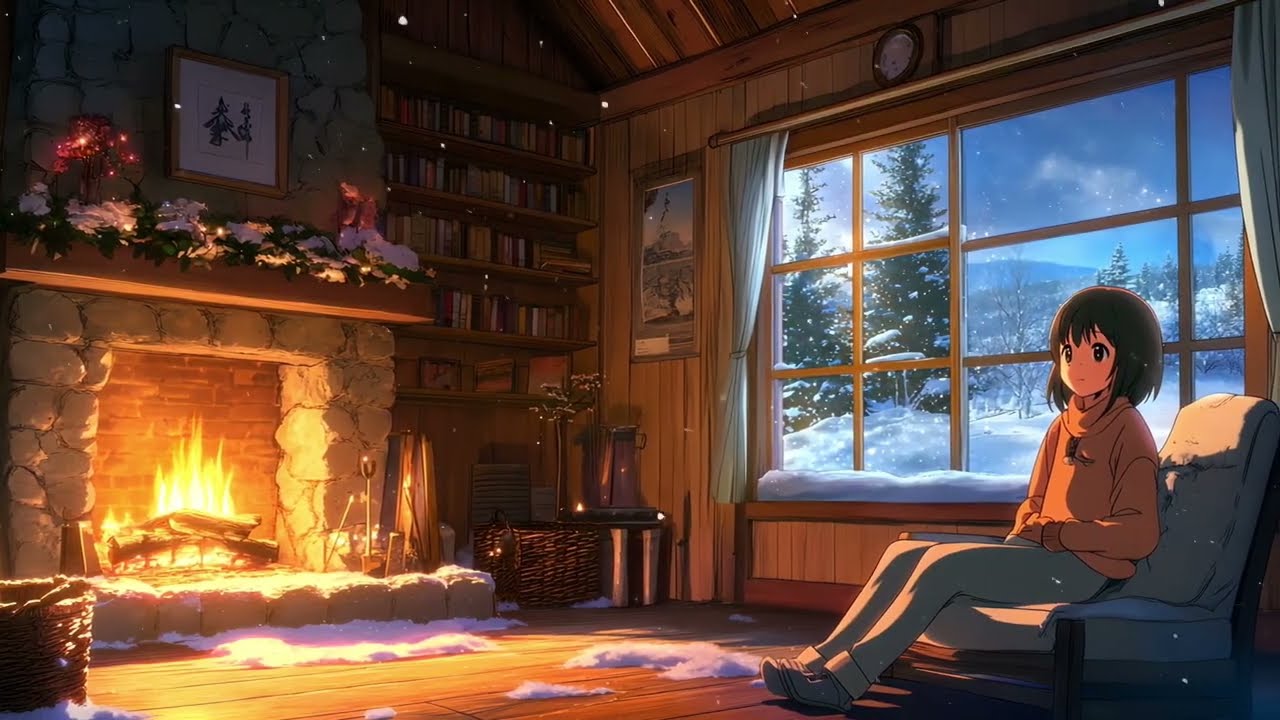Cozy Anime Fireplace | Winter Cabin Rain Ambience | Fantasy Night (1.5 Hours)