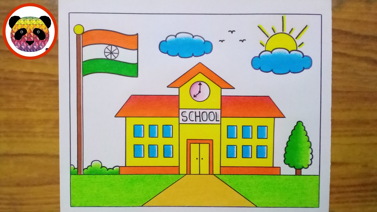 School Drawing / School Scenery Drawing / How to Draw a School Easy Step By Step / My School Drawing