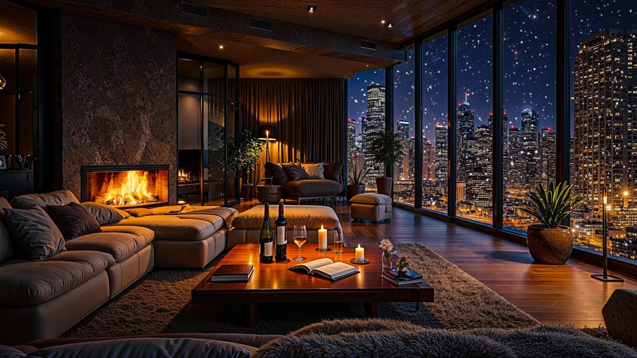 Cozy Night Apartment 🌃 Jazz Piano & Fireplace Sounds for Calm, Focus & Relax