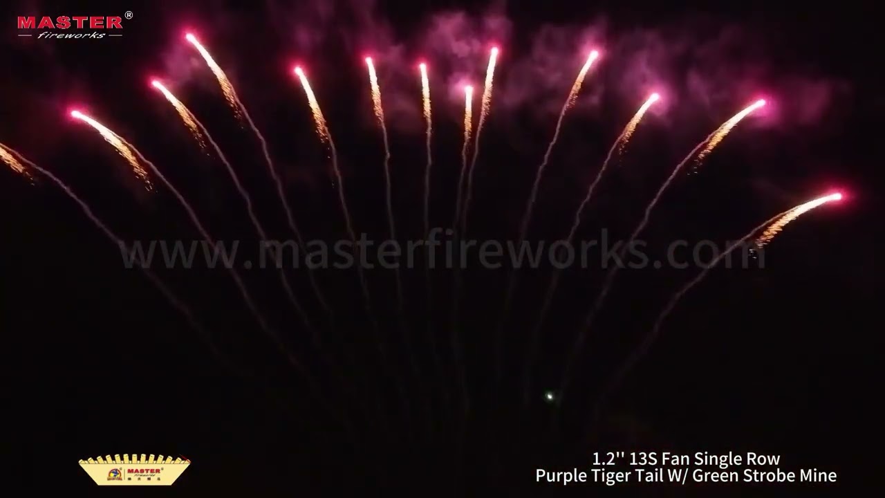 1.2‘’ 13S Fan Single Row - Purple Tiger Tail W/ Green Strobe Mine #fireworks
