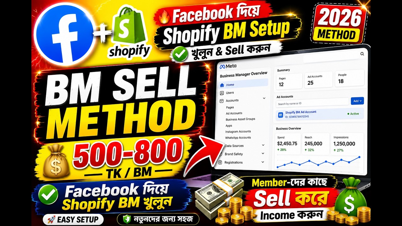 🔥 Facebook দিয়ে Shopify BM খুলে Sell করুন | 500-800 TK Per BM