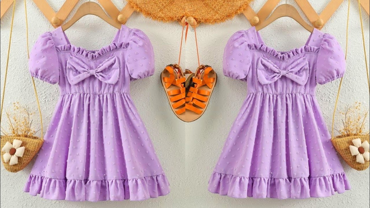 Square Neck Puff Sleeve Bow Front Ruffle Baby Frock Cutting and Stitching/Baby Frock Design