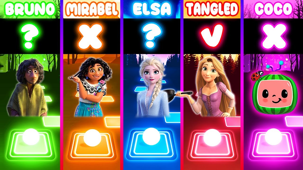 Encanto Bruno VS Mirabel VS Frozen Elsa VS Tangled VS Cocomelon IN Tiles Hop Elimination Battle!