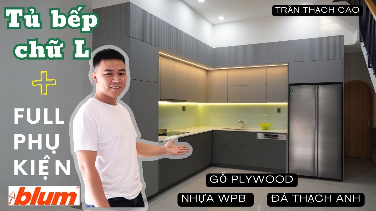 Tủ bếp chữ L cho nhà phố dùng full phụ kiện blum | HUGA